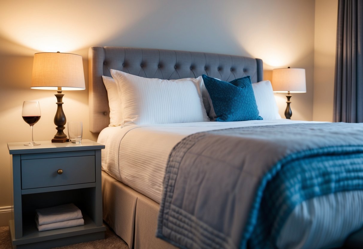 A cozy bedroom with soft lighting, a comfortable bed, and a glass of wine on the nightstand