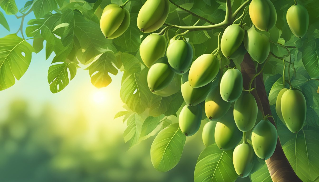 A ripe papaya tree with unripe green fruit hanging from its branches. The leaves are lush and vibrant, and the sunlight is casting a warm glow on the scene