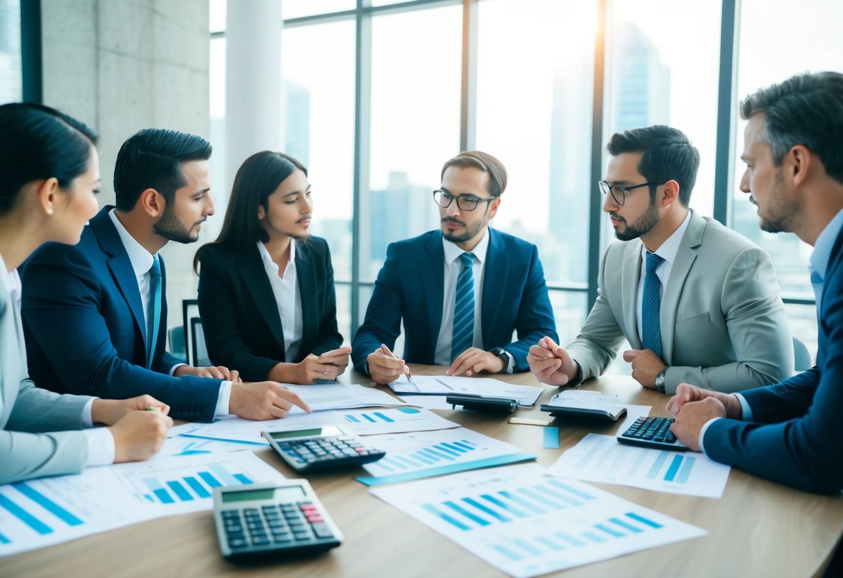 A group of people discussing finances and event planning around a table with papers, calculators, and charts scattered around