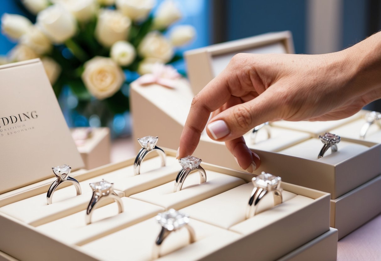 A hand reaching for a display of wedding rings, surrounded by soft lighting and elegant packaging