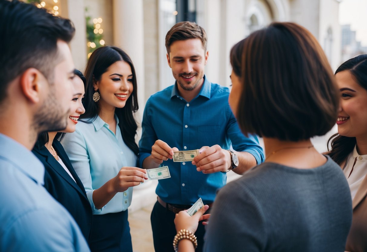 A group of people discussing and exchanging money for Jack and Jill's party expenses