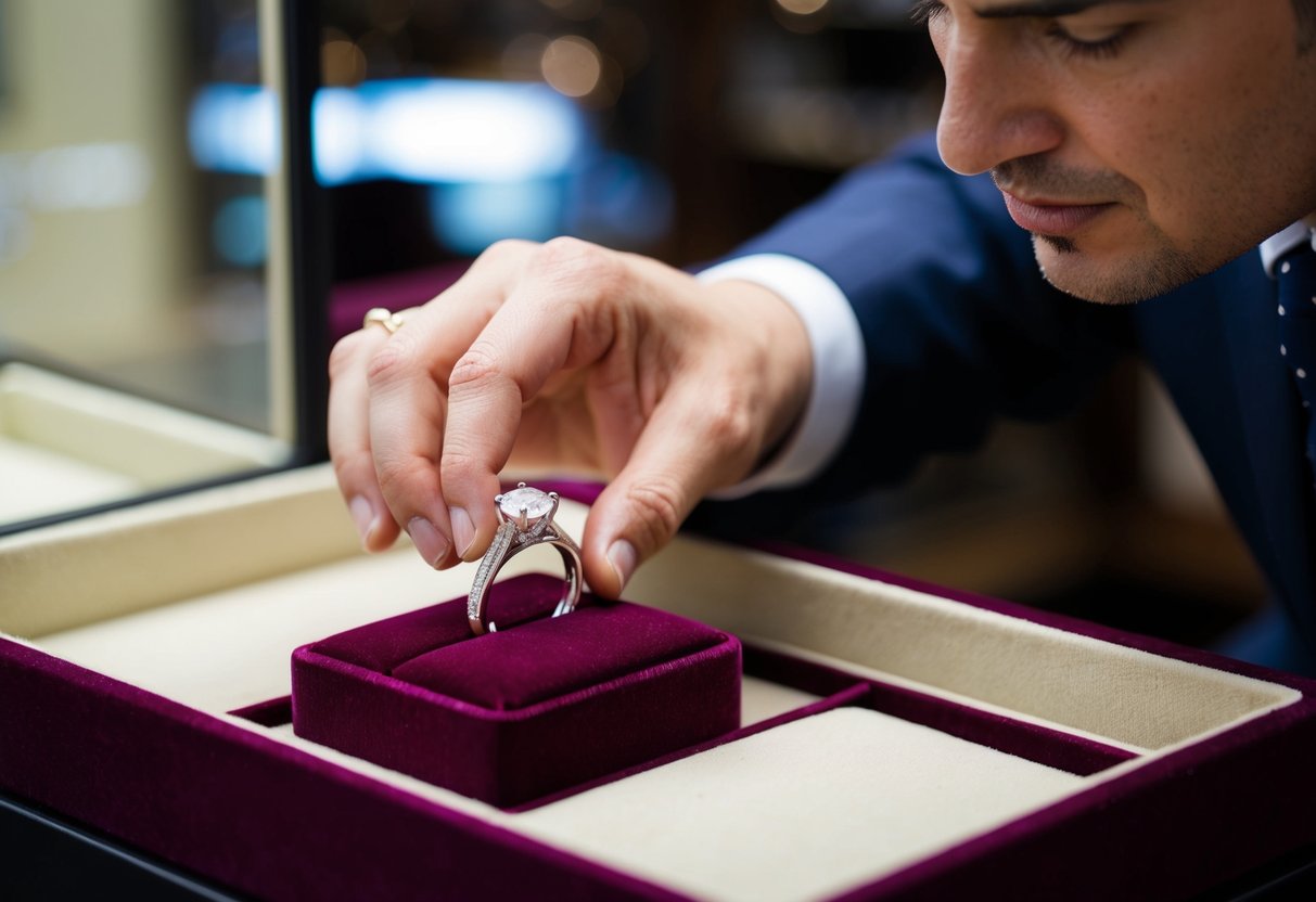 A jeweler carefully selects a glistening wedding ring from a velvet-lined display case