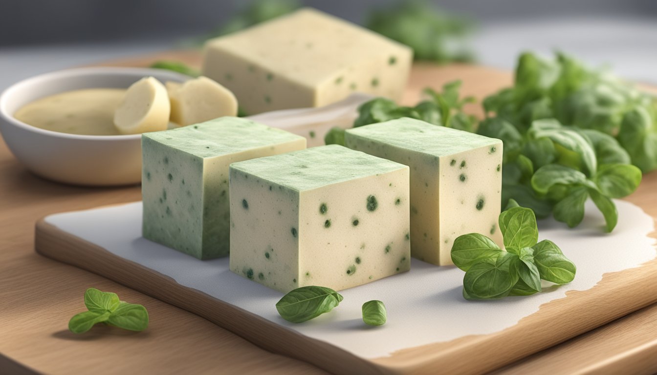 A block of moldy, discolored tofu next to a fresh, white block on a cutting board