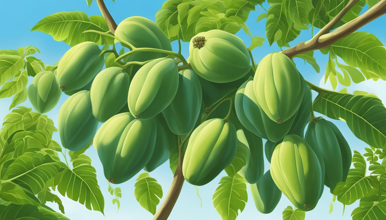 A papaya tree with unripe green fruit hanging from the branches, surrounded by lush green foliage and a clear blue sky in the background