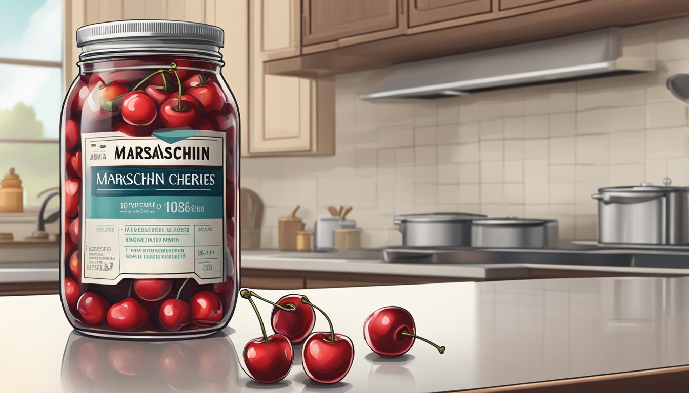 A jar of maraschino cherries sits on a kitchen counter, its label showing an expiration date. The cherries inside appear slightly discolored and shriveled