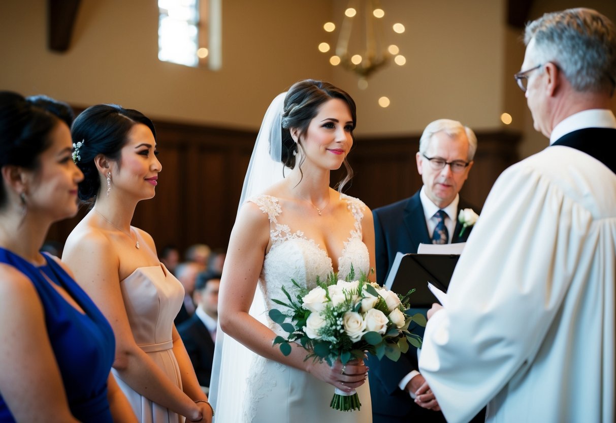 The bride stands at the altar, following the officiant's instructions during the rehearsal