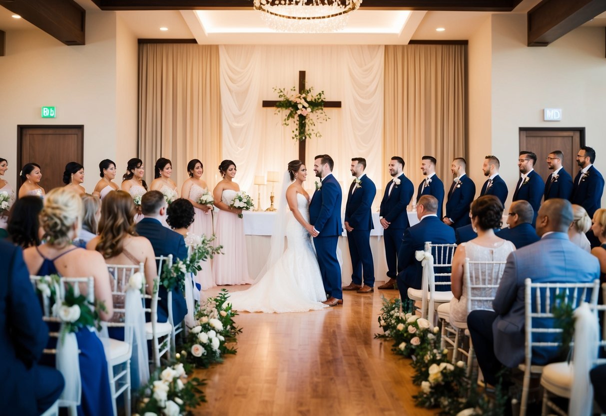 The wedding rehearsal takes place in a decorated venue with a focus on the altar and seating arrangement. The bride stands with the wedding party, participating in the run-through