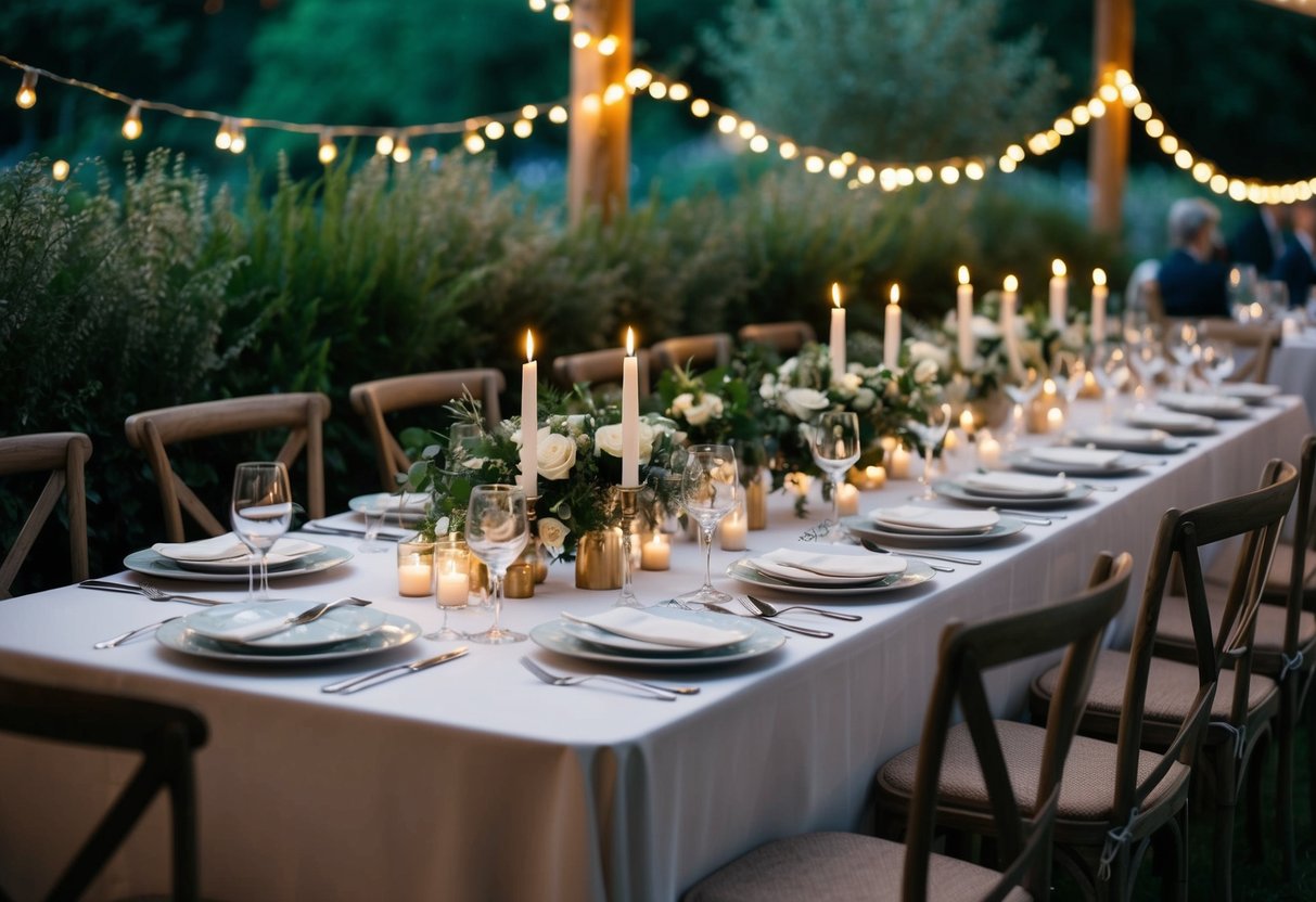 A table set with elegant dinnerware and candles, surrounded by lush greenery and twinkling lights, awaits guests at a UK wedding rehearsal dinner
