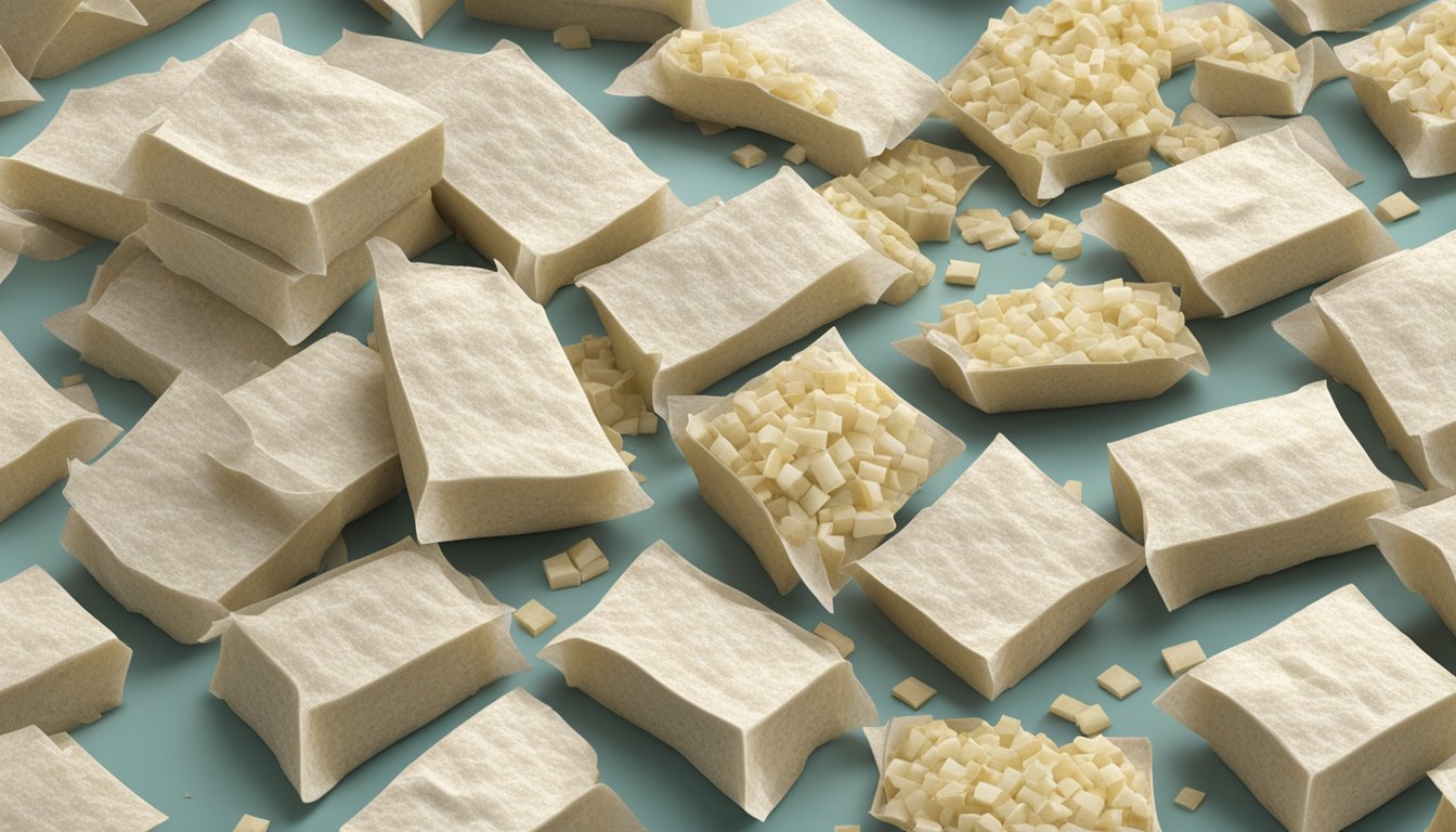 A pile of expired tofu packages with visible signs of spoilage and mold growth