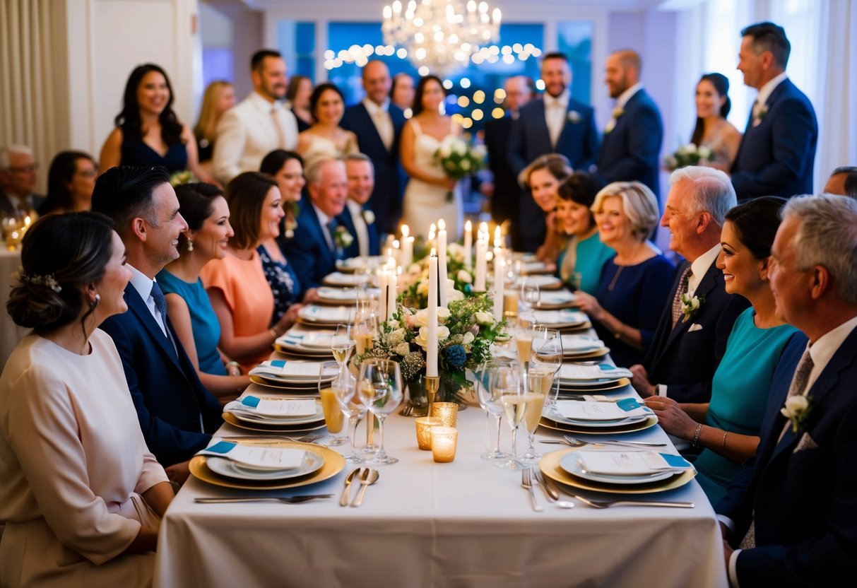 A table set with place settings and candles, surrounded by family and friends, as they gather for a pre-wedding dinner celebration