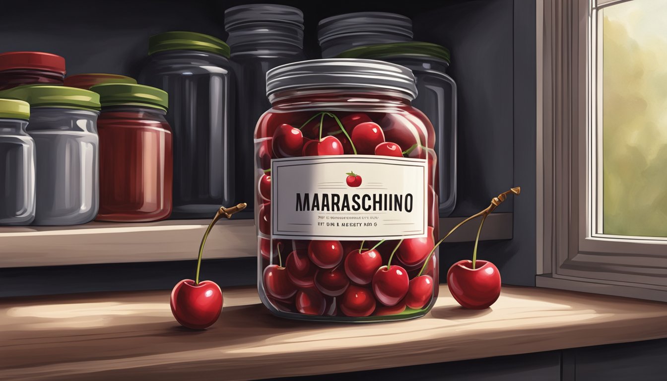 A jar of maraschino cherries sits on a shelf in a cool, dark pantry. The lid is tightly sealed, and the cherries appear plump and vibrant in color