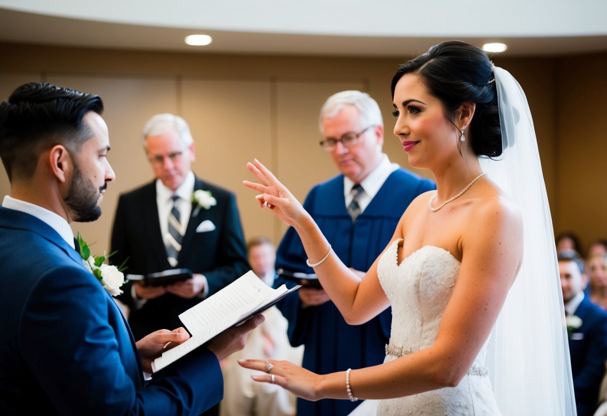 The bride stands at the front of the room, listening to the officiant and taking notes. She occasionally gestures to indicate where she and her partner will stand during the ceremony