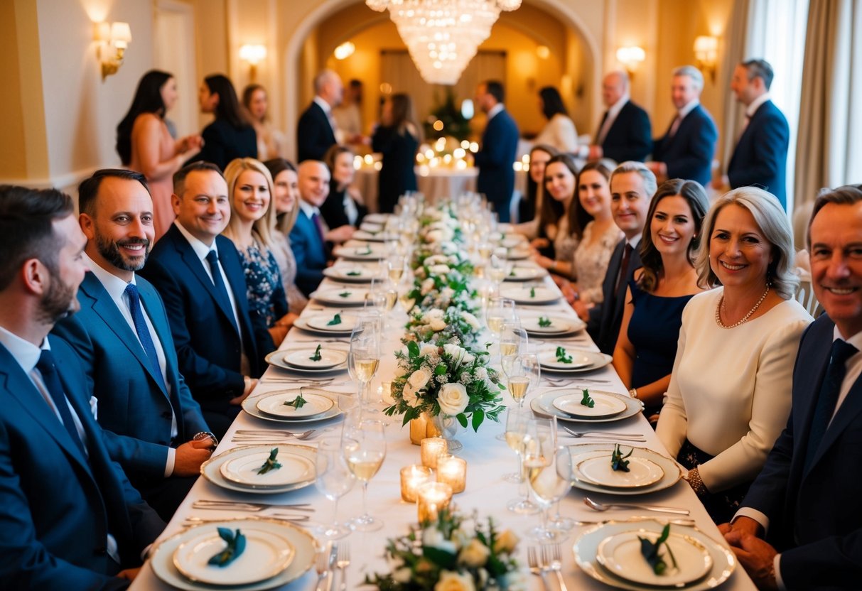 A long dining table set with elegant place settings, surrounded by friends and family, with a warm and celebratory atmosphere