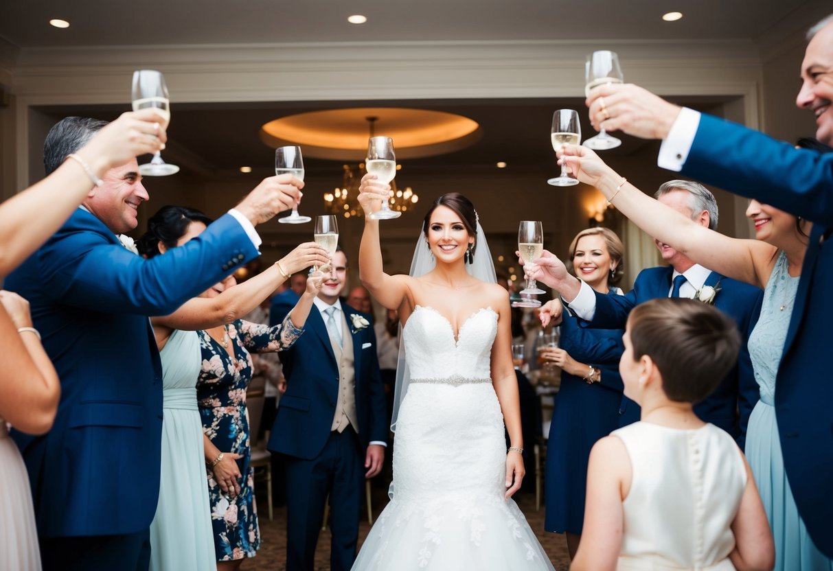 The bride stands at the center of the room, surrounded by family and friends, as they all raise their glasses in a toast