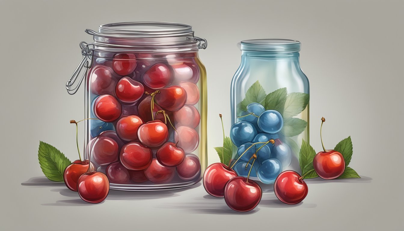 A jar of maraschino cherries with mold and discoloration, surrounded by a foul odor and fruit flies