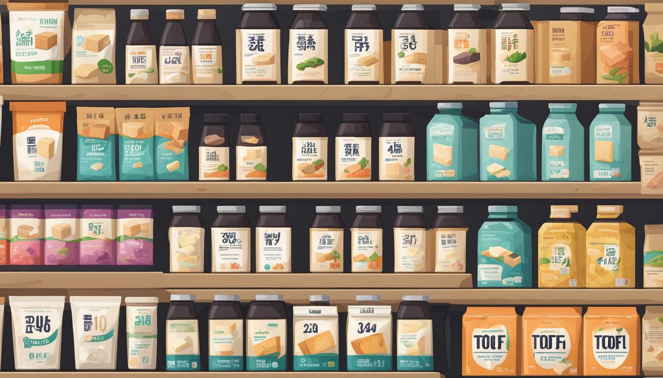 A variety of tofu types arranged on shelves, with expiration dates clearly labeled on each package