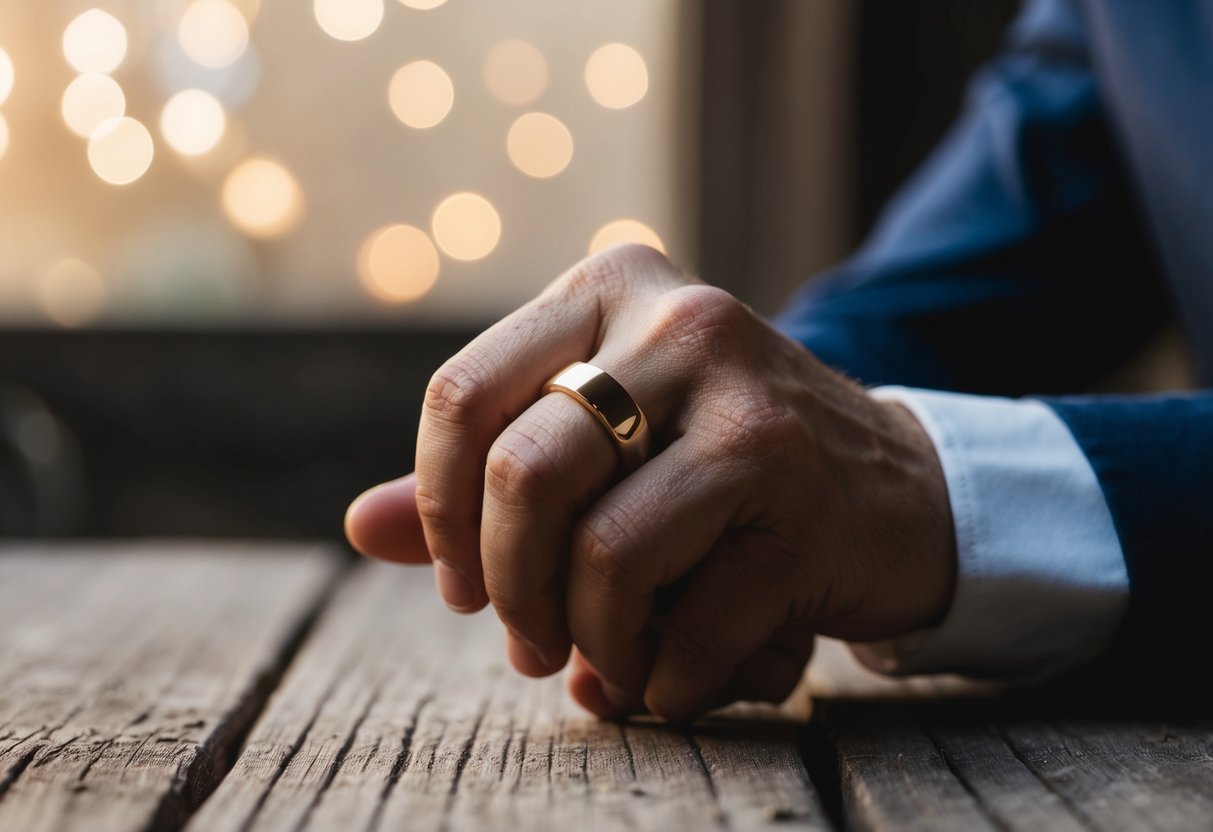 A man's hand holding a simple, classic gold wedding band against a backdrop of a rustic wooden table and soft, natural lighting