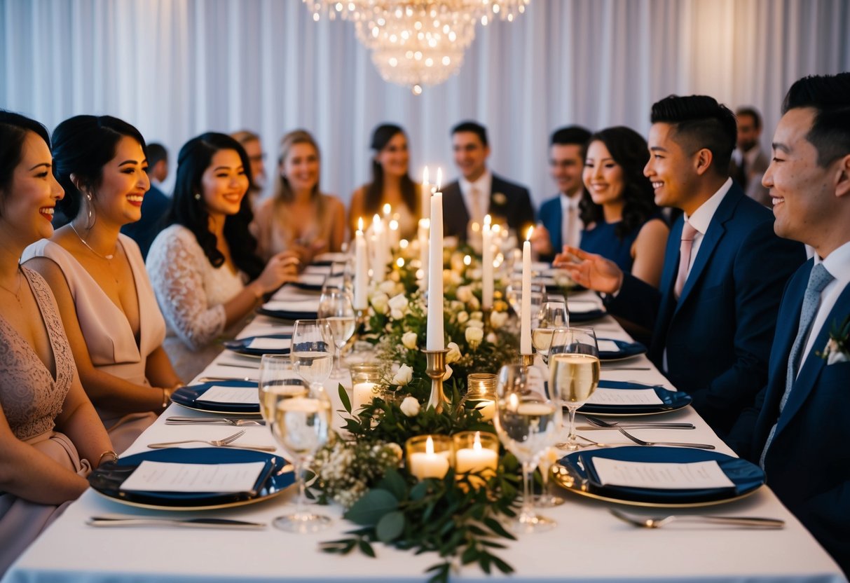 A beautifully set table with elegant place settings and candlelight, surrounded by happy guests chatting and enjoying a pre-wedding dinner