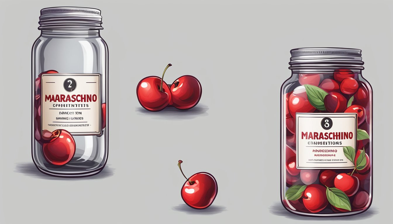 A jar of maraschino cherries with a visible expiration date on the label, surrounded by a magnifying glass, a question mark, and a worried expression