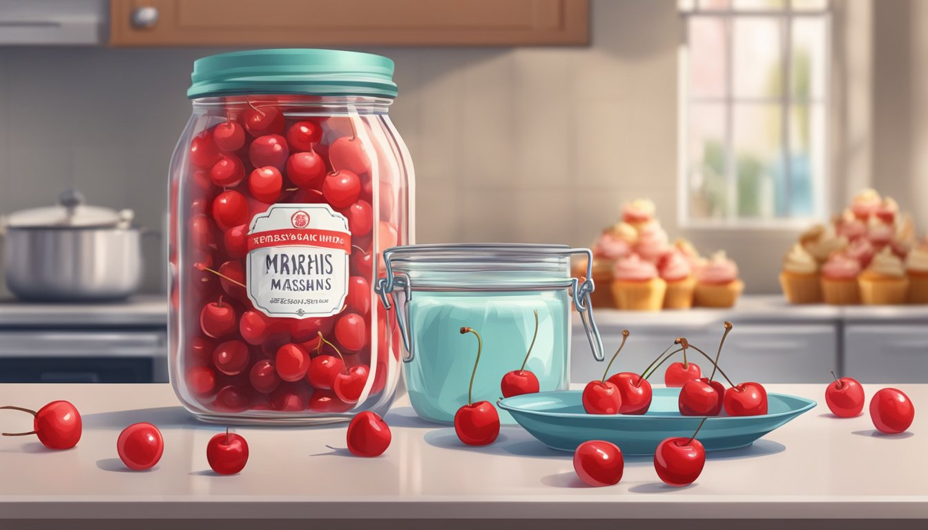 A jar of maraschino cherries with a faded expiration date sits on a kitchen counter next to a bowl of freshly baked cupcakes