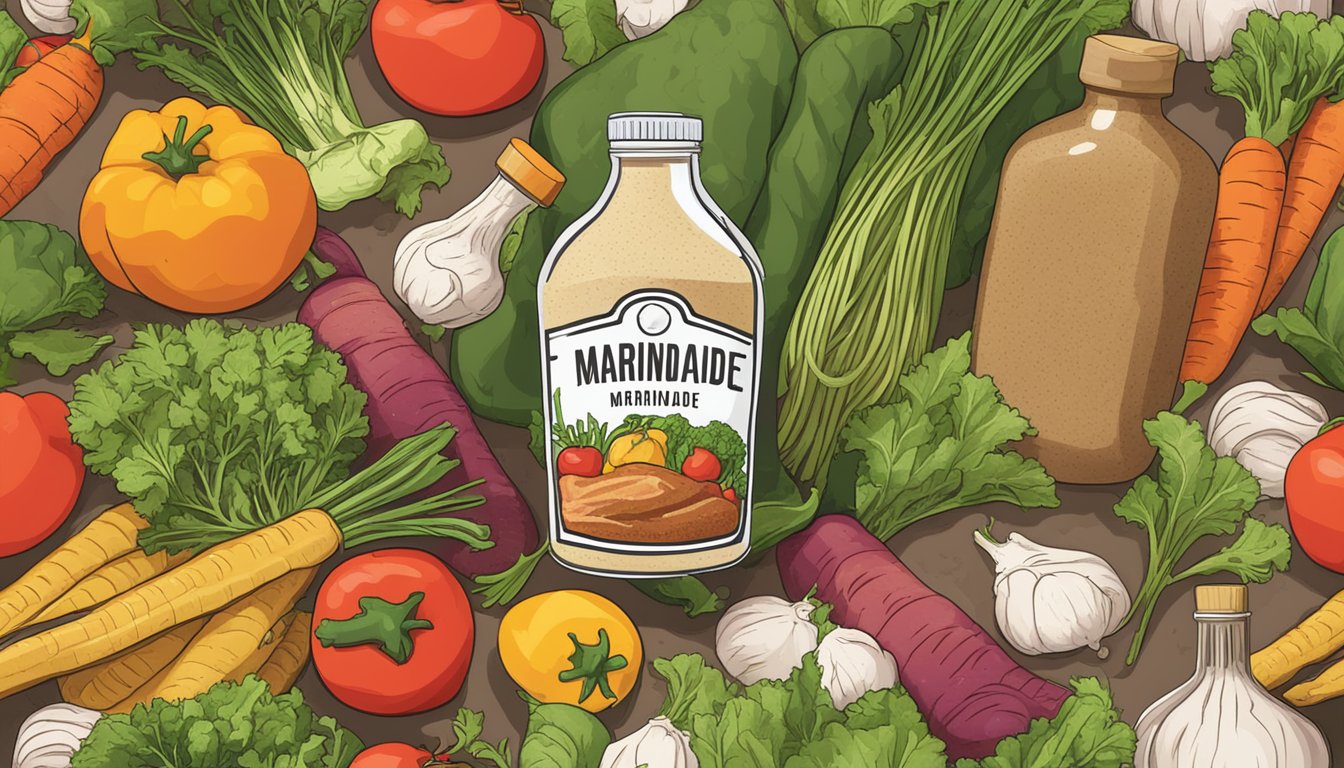 A bottle of expired marinade sits next to a pile of fresh vegetables, with a question mark hovering over it