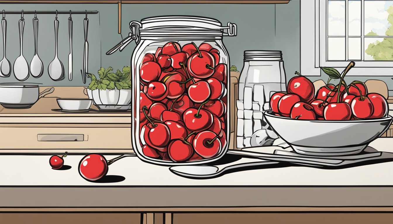 A jar of maraschino cherries sits on a kitchen counter, surrounded by other food items. The jar is open, and a single cherry is placed on a spoon, ready to be eaten