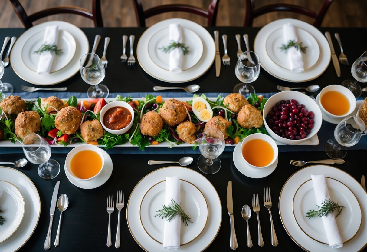 A table set with multiple place settings and a spread of food and drink