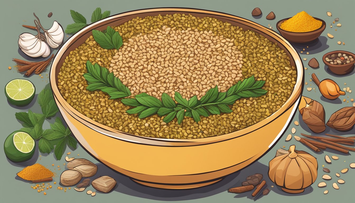 A bowl of cooked freekeh surrounded by various ingredients and spices, with a question mark hovering above it