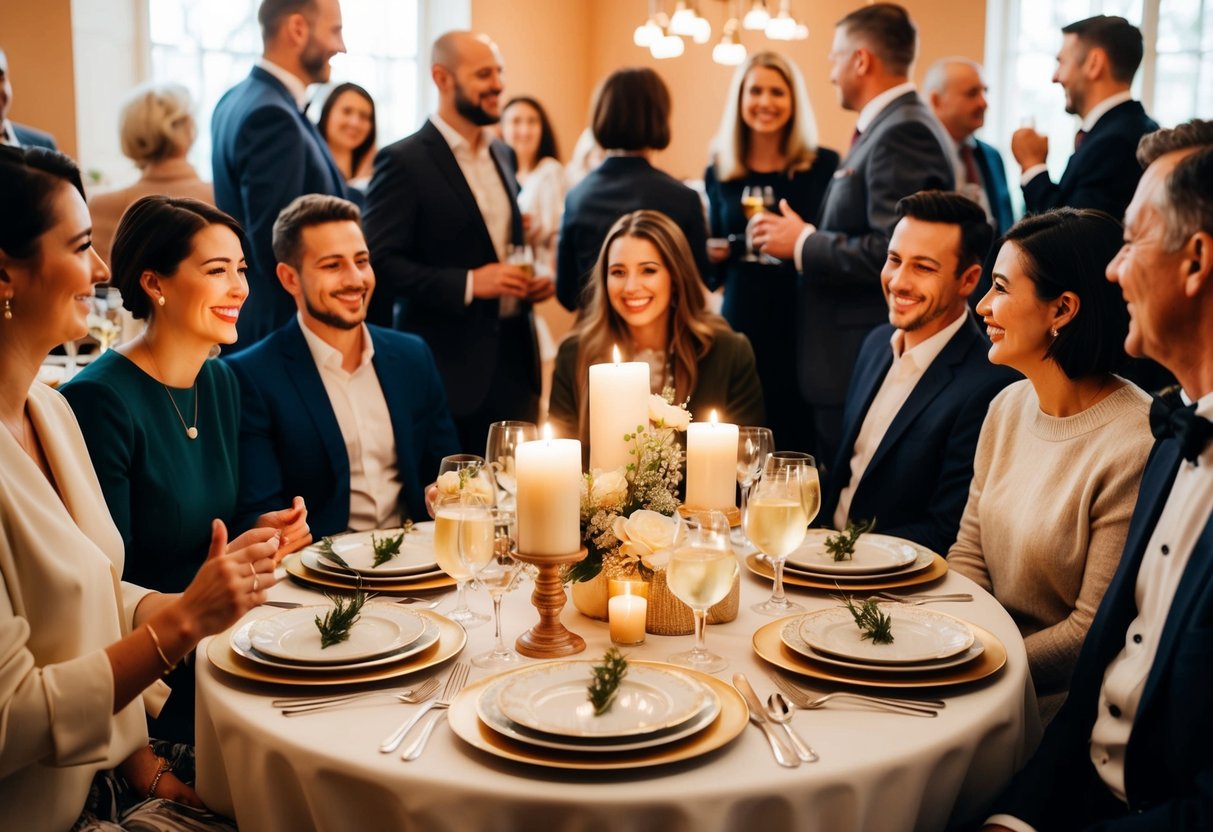 A table set with elegant dinnerware and candles, surrounded by happy guests mingling and chatting in a warm, cozy atmosphere