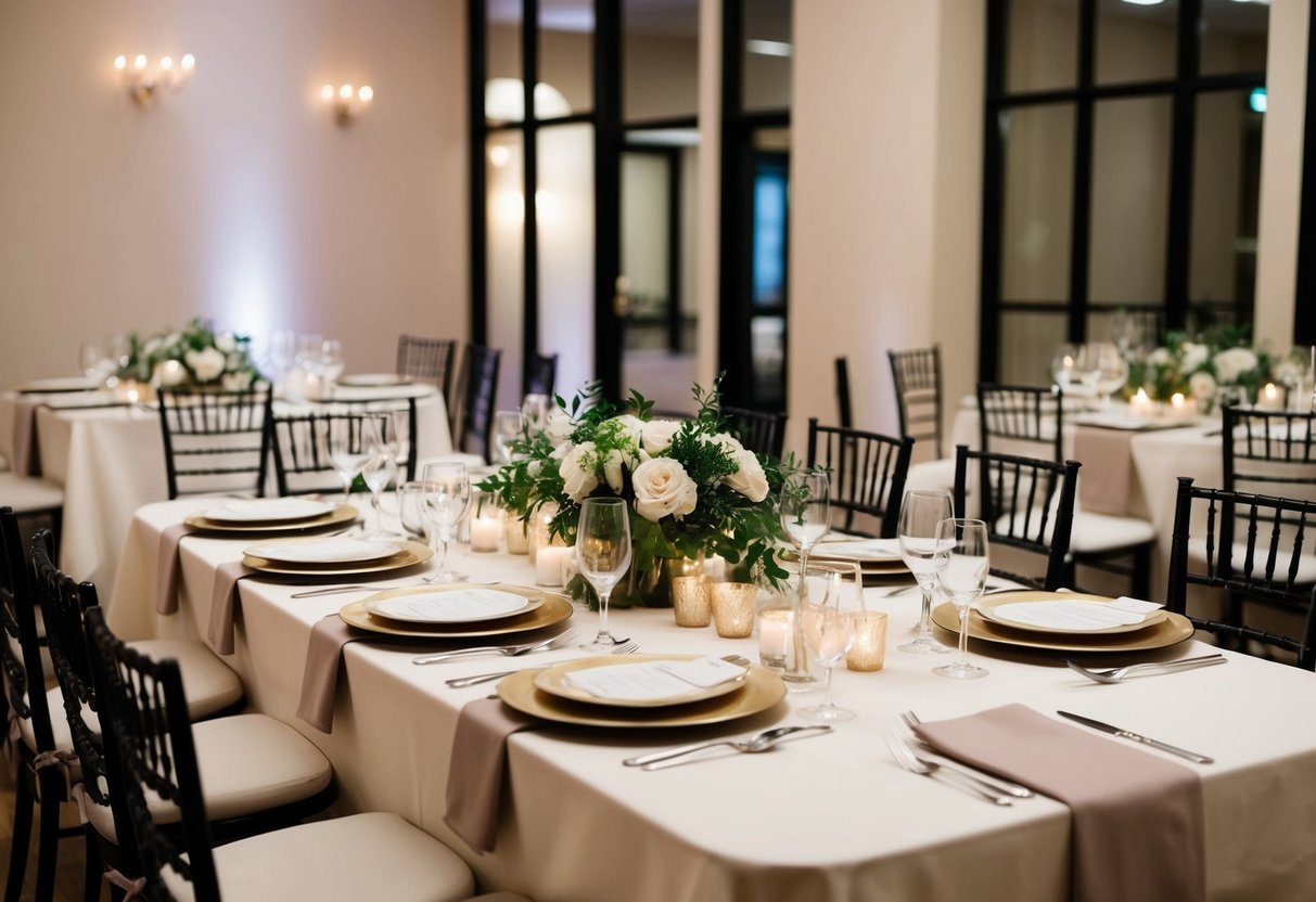 A table set with elegant place settings for a rehearsal dinner, with several chairs arranged around it
