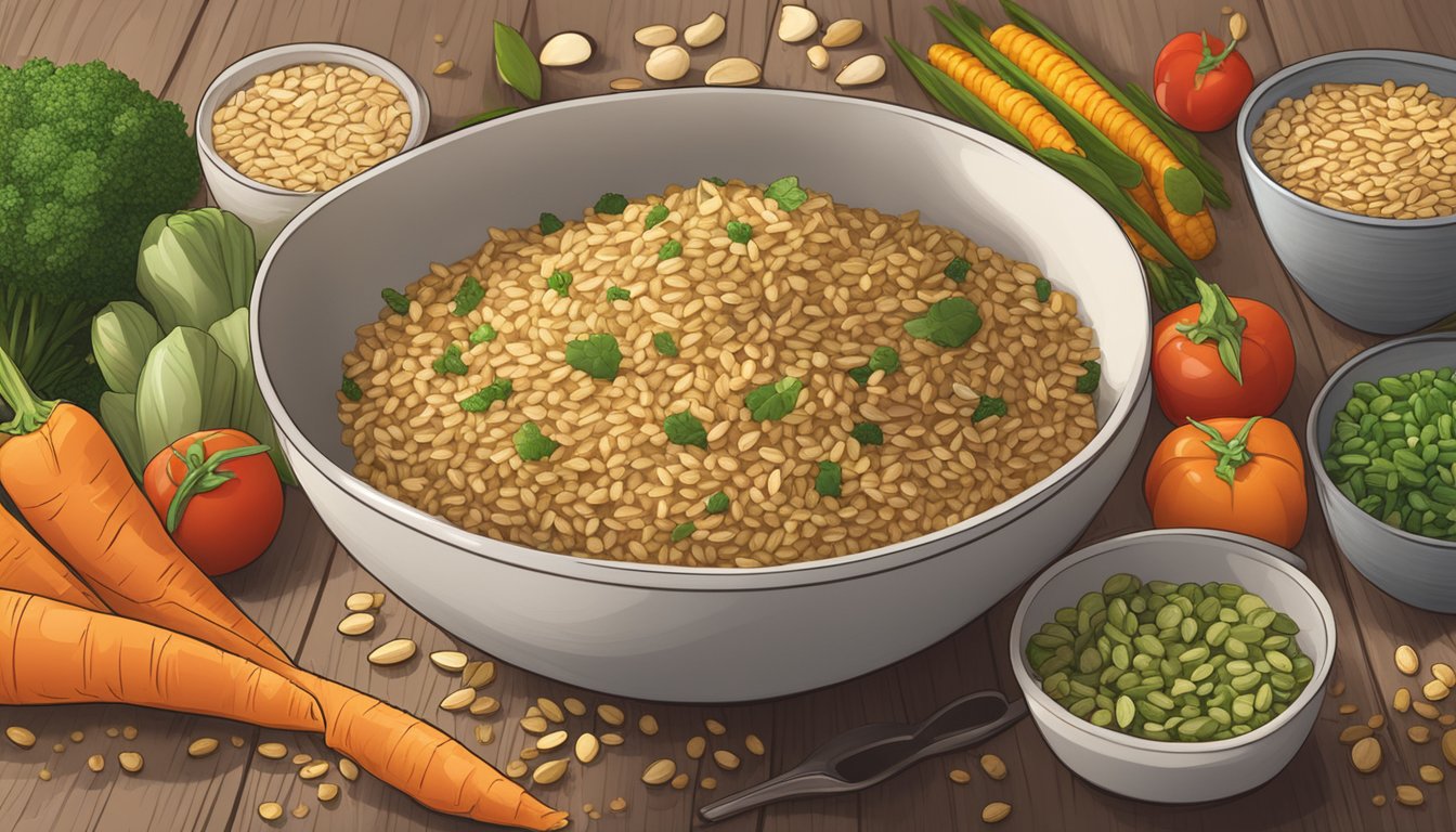 A bowl of cooked freekeh surrounded by various whole grains and vegetables, with a nutrition label in the background