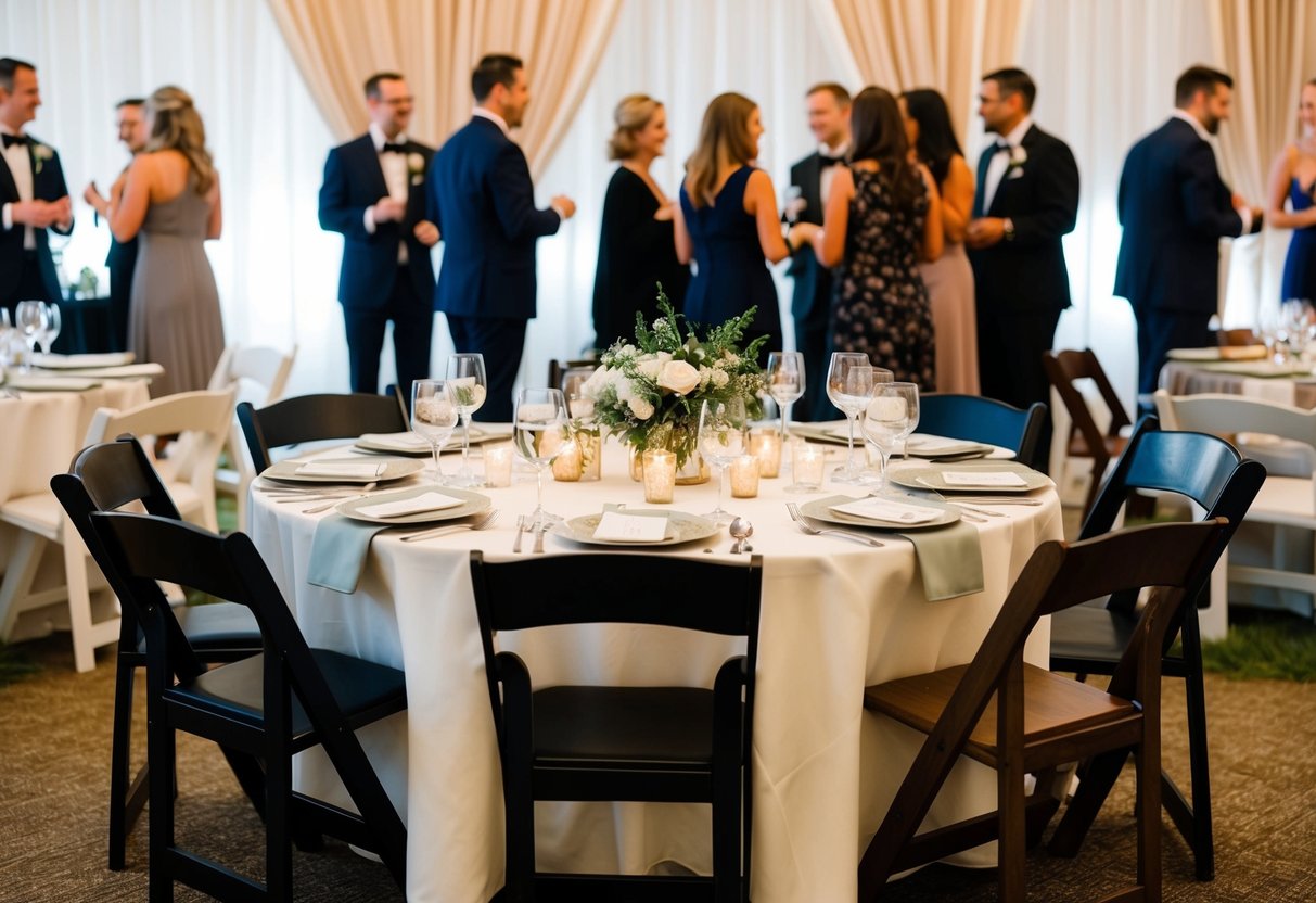 A table set with place settings for a rehearsal dinner, with a variety of chairs around it and a small number of guests mingling nearby
