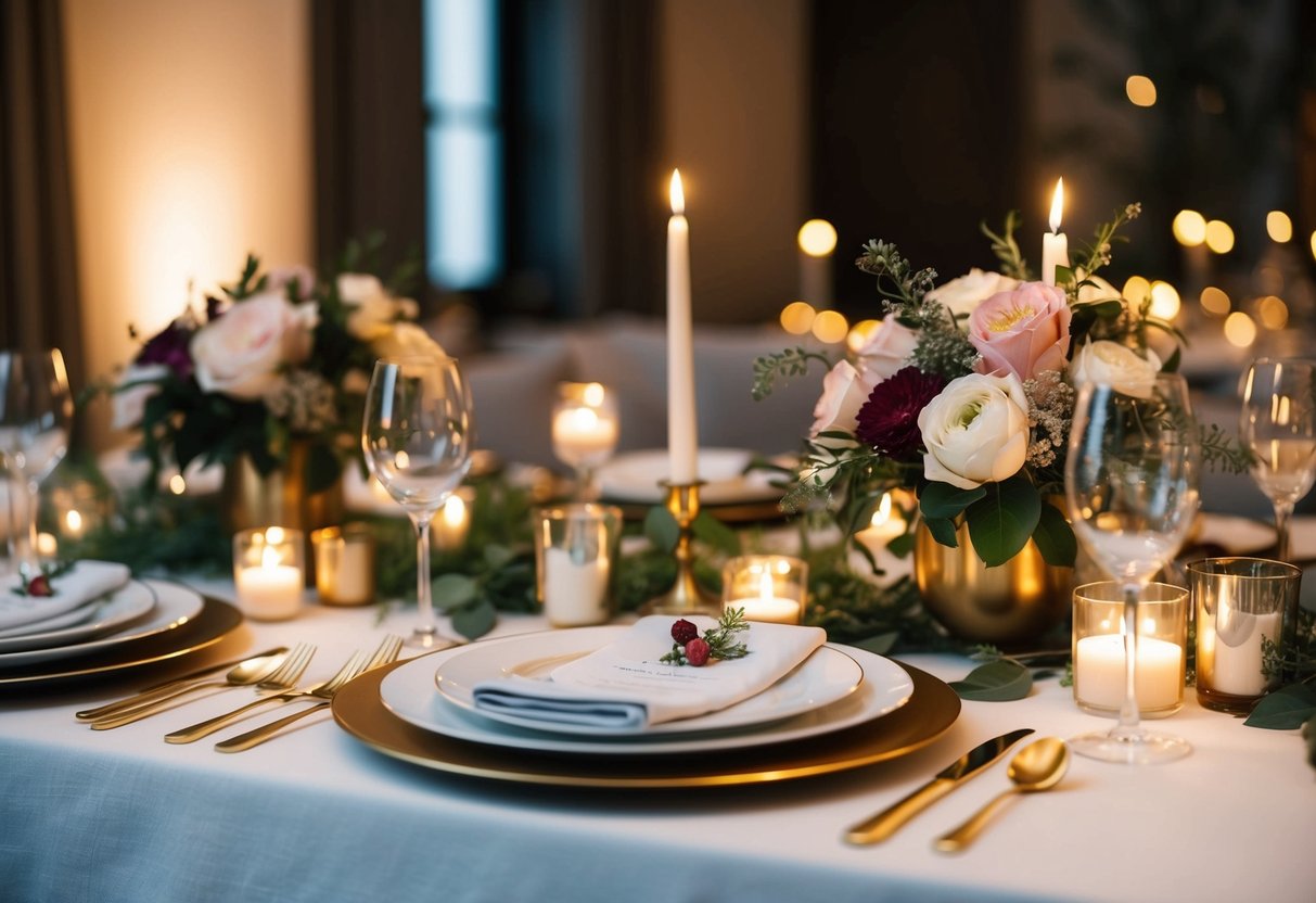 A table set with elegant dinnerware and floral centerpieces, surrounded by dimly lit candles and a cozy ambiance