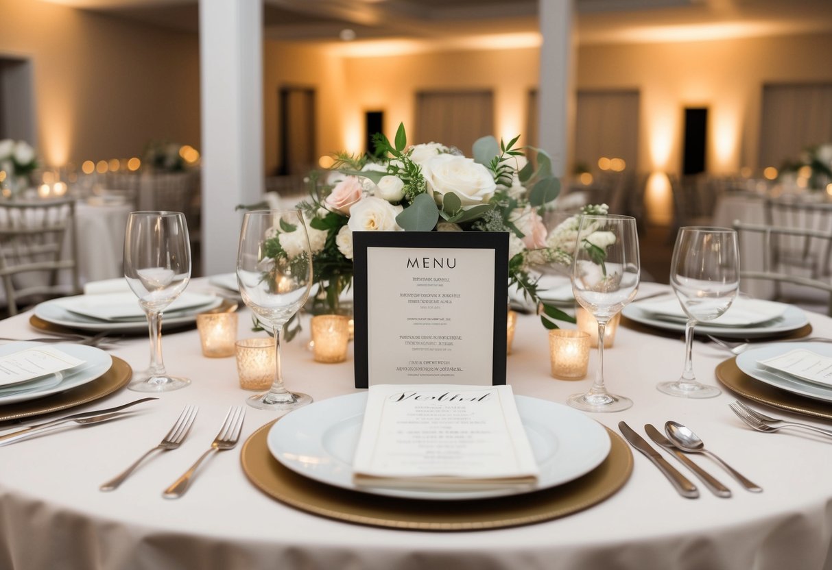 A table set for a rehearsal dinner, with elegant place settings and a menu displayed. The venue is decorated with soft lighting and floral centerpieces