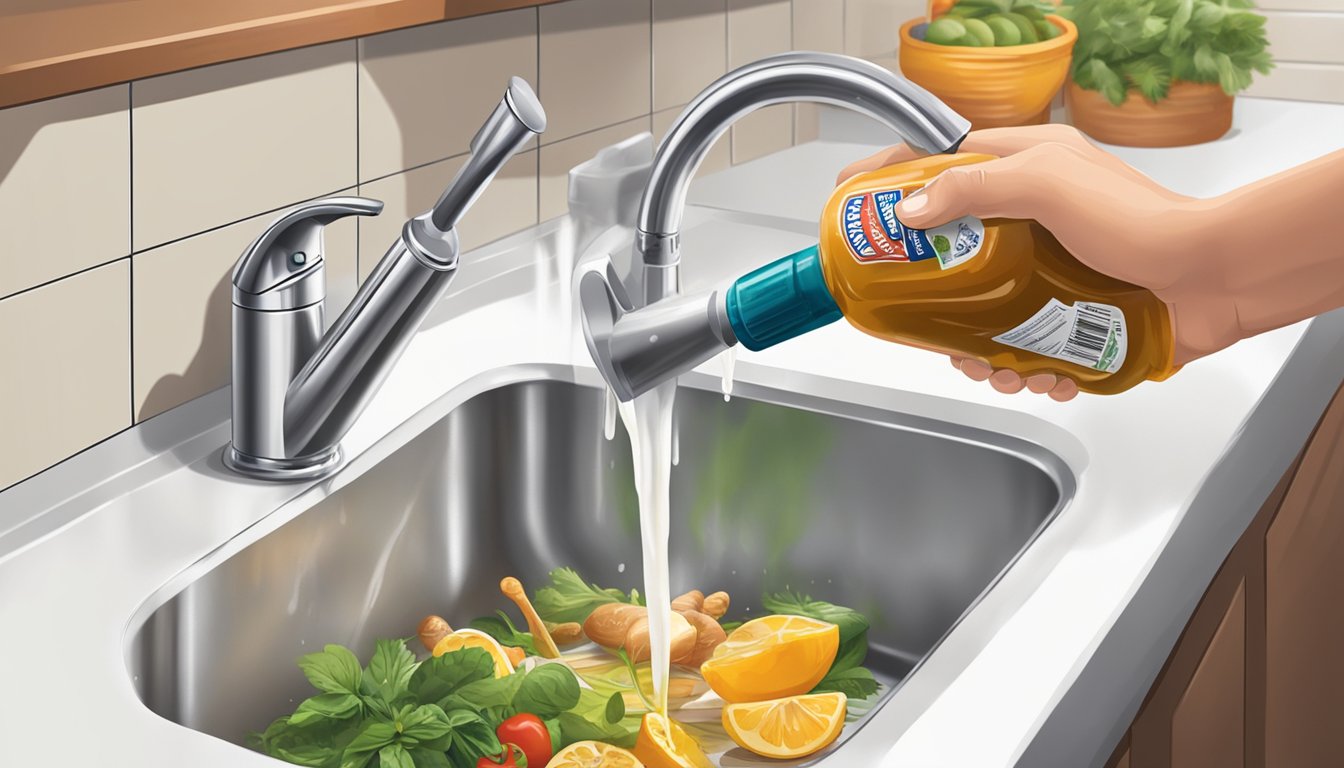 A person pouring expired marinade down the sink while reaching for a fresh bottle from the pantry