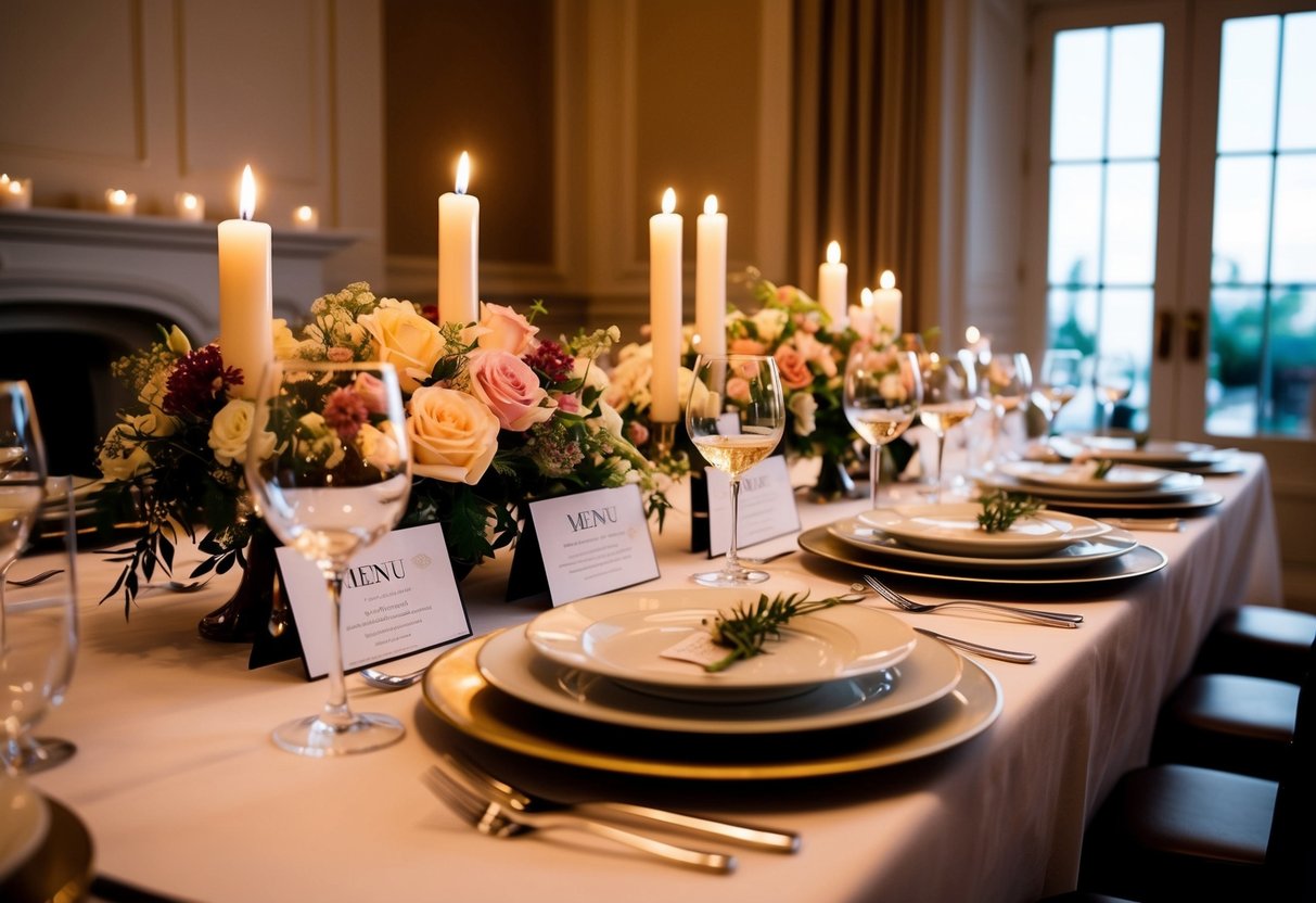 A table set with elegant dinnerware and floral centerpieces. Candles flicker, casting a warm glow over the room. A menu and wine glasses await each guest