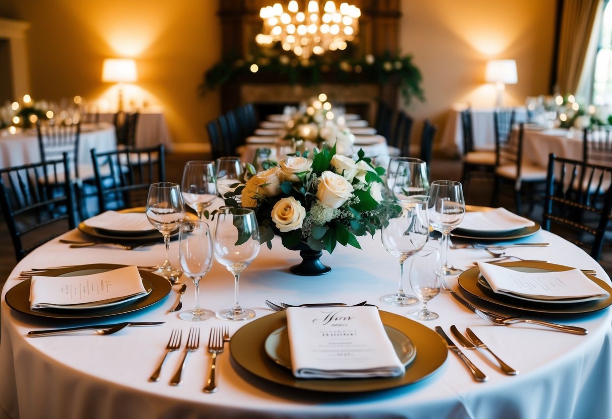 A beautifully set table with elegant place settings for a rehearsal dinner, surrounded by a warm and inviting atmosphere