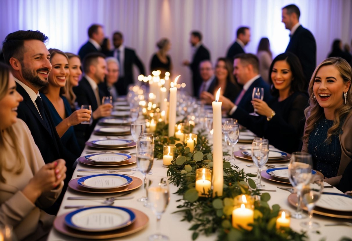 A long banquet table adorned with elegant place settings and flickering candles, surrounded by lively chatter and laughter