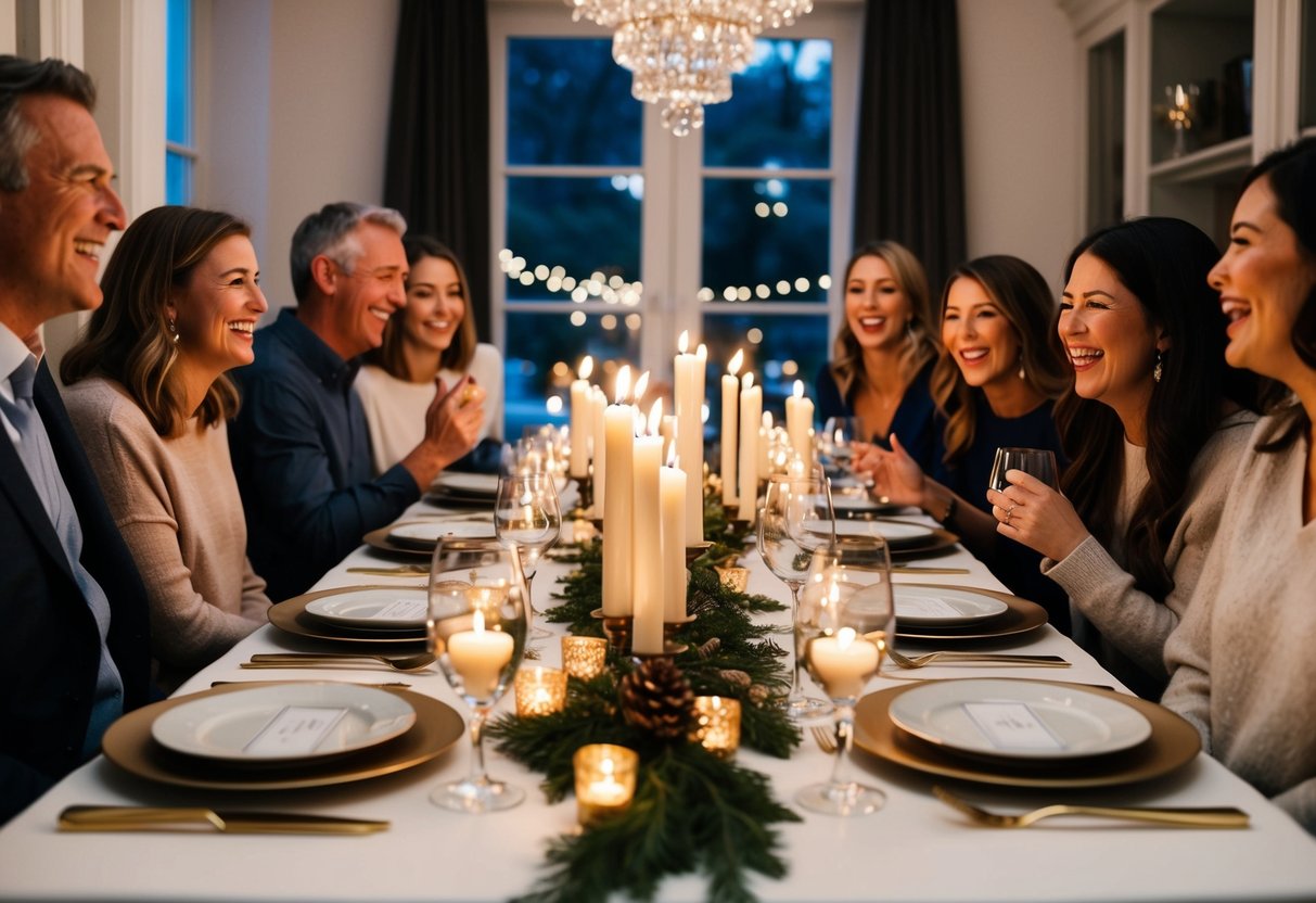 A table set with elegant place settings and flickering candles, surrounded by family and friends laughing and chatting in a cozy, intimate setting