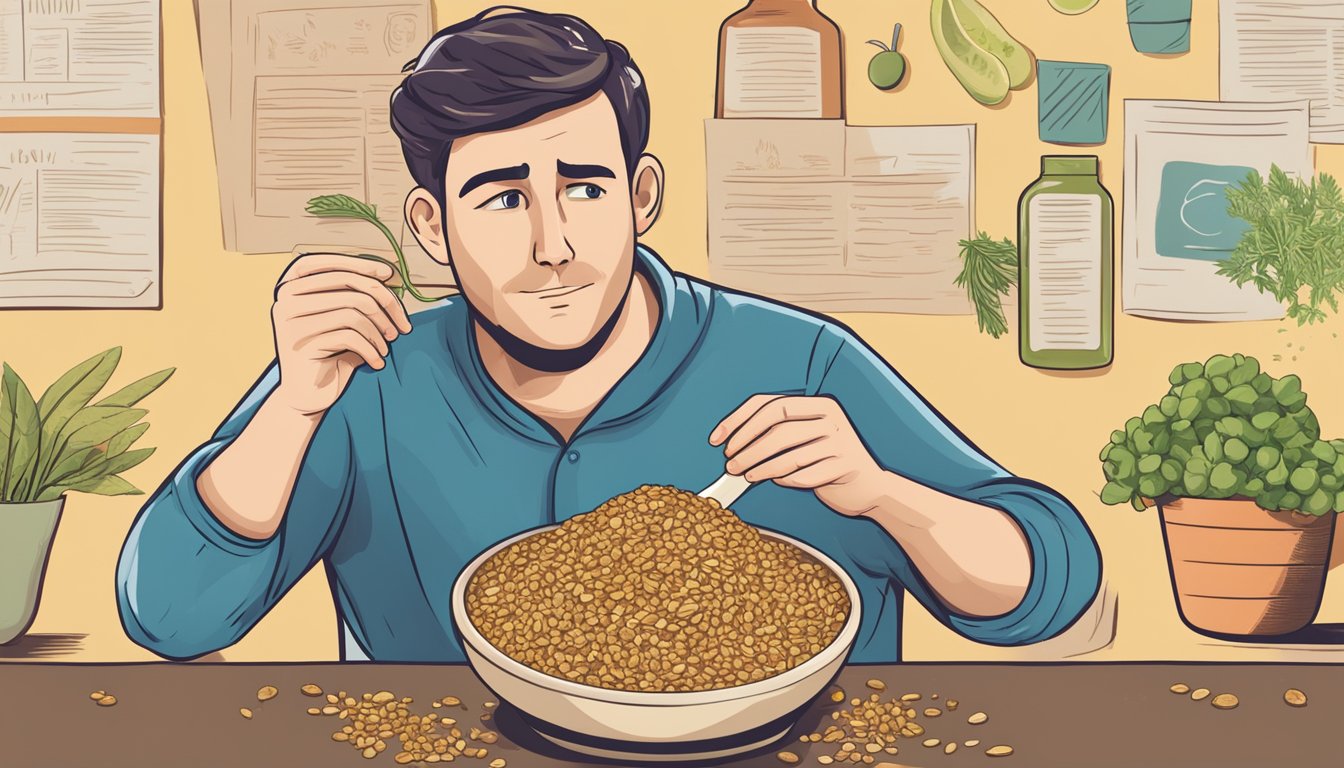 A person holding a bowl of cooked freekeh, looking at it with a quizzical expression, surrounded by various sources of information about freekeh's safety