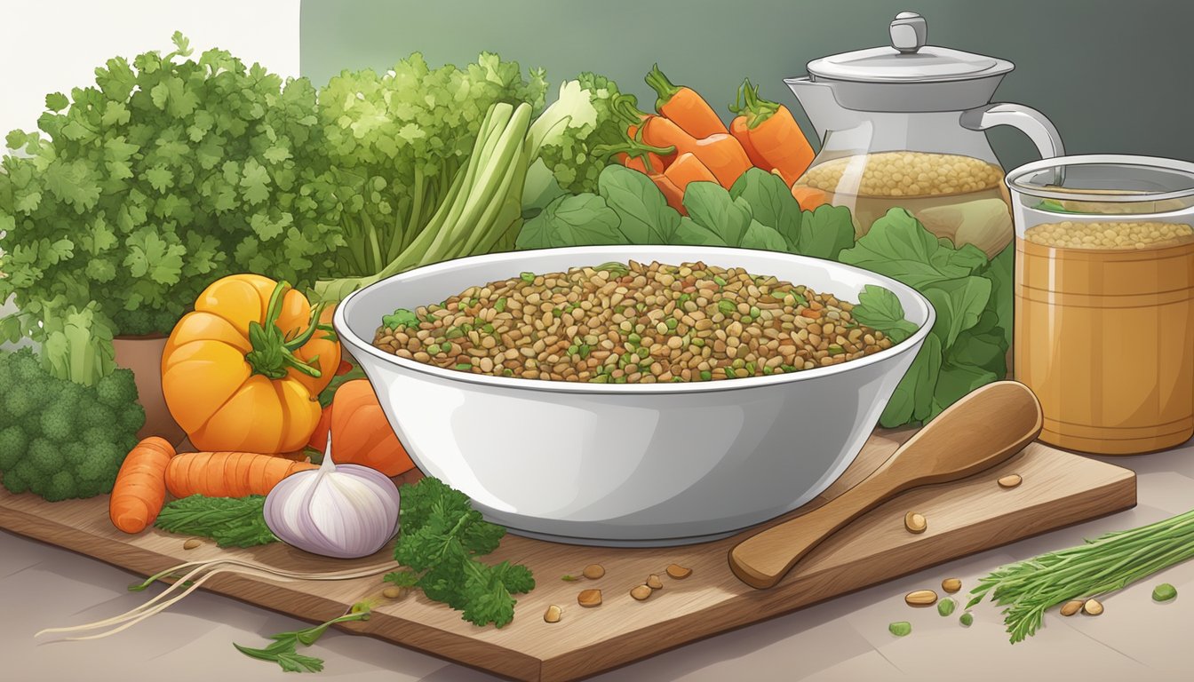 A table set with a bowl of cooked freekeh surrounded by fresh vegetables and herbs, with a steaming pot in the background