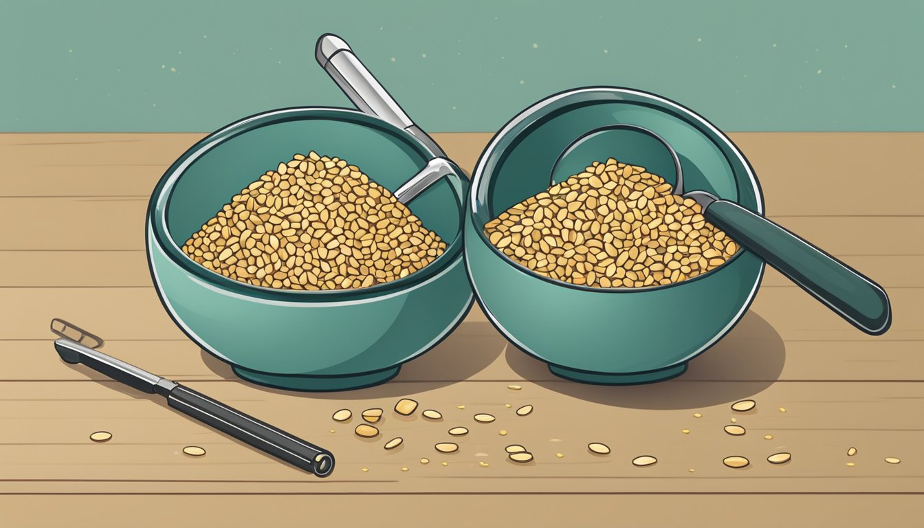 A table with two bowls of freekeh, one labeled "safe" and the other "unsafe." A magnifying glass hovers over the grains