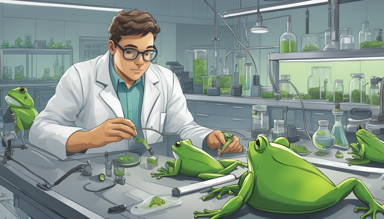 A scientist observes a frog in a laboratory, surrounded by equipment for testing its edibility