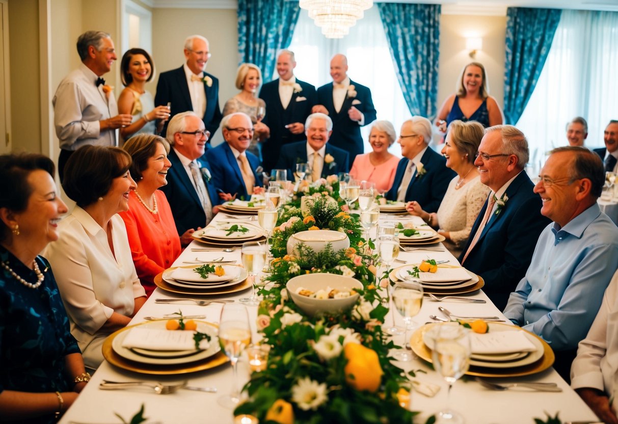 Family members gather at a festive table for a rehearsal dinner. Laughter and conversation fill the room as aunts and uncles mingle with the soon-to-be-wed couple