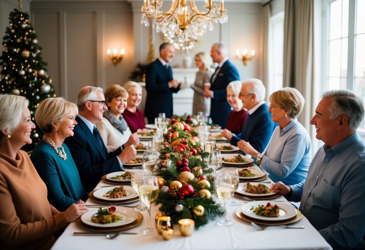 A festive dinner table with extended family members mingling and conversing