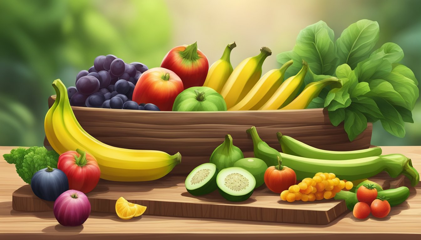 A colorful array of ripe and unripe plantains, surrounded by vibrant, fresh fruits and vegetables, sits on a wooden cutting board