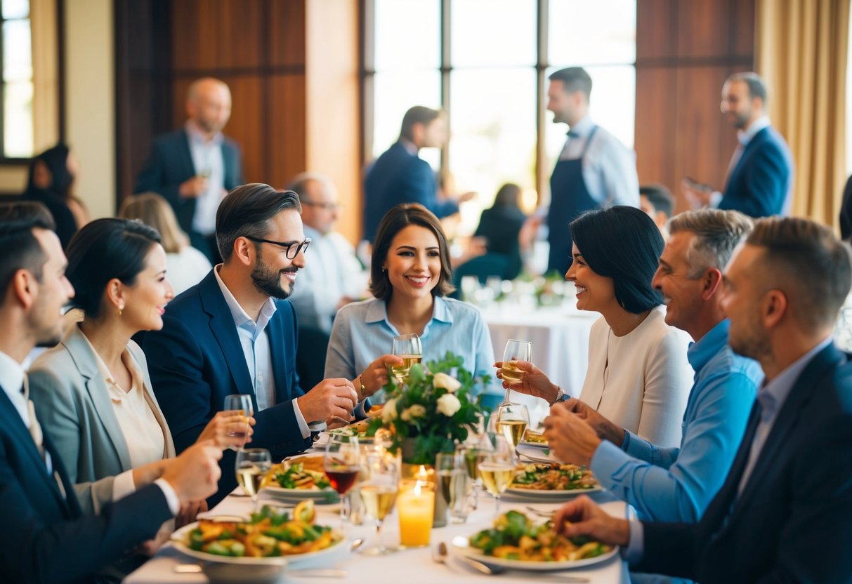 A group of people gathered around a table, enjoying a meal and engaging in conversation at a restaurant or banquet hall