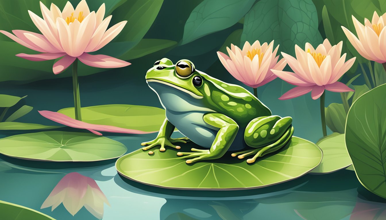 A frog sitting on a lily pad surrounded by clean, natural surroundings