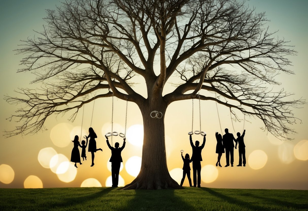 A family tree with extended branches, some bearing wedding rings, others empty