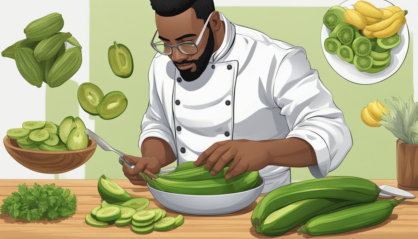 A chef slices unripe plantains for cooking, with a variety of cooking methods and recipes displayed nearby